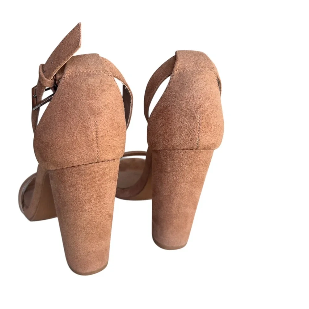 Torrid Women 9WW Camel Brown Faux Suede Two Strap Tapered Heel Sandal Minimalist